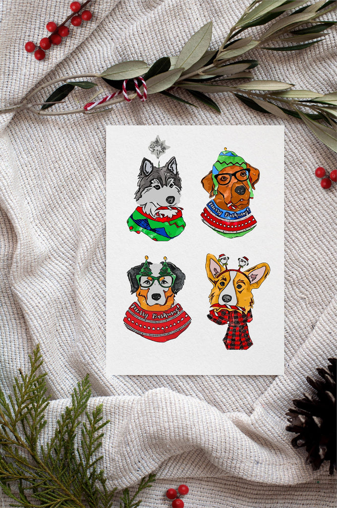 Pick Your Christmas Dog Breed/s with Custom Wording Single Card or Notecard Set - Husky, Australian Shepherd, Corgi