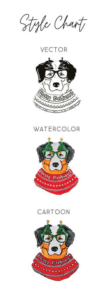 Barkley & Wagz - Style Chart - Australian Shepherd - Vector, Watercolor, or Cartoon