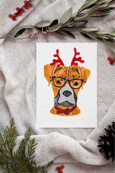 Boxer Single Card or Notecard Set Christmas Dog Notecards