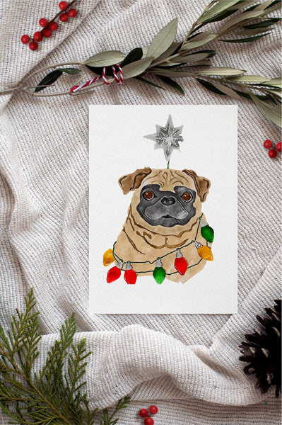 Black or Brown Pug Single Card or Notecard Set Christmas Dog Notecards