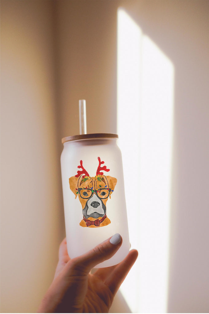 16, 20, or 25 oz Boxer Festive Christmas Dog Frosted Beer Can Cup