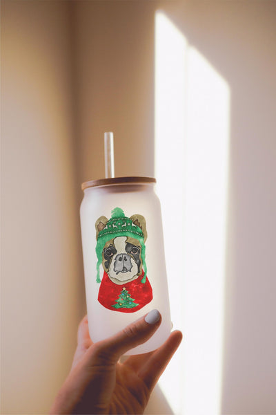 16, 20, or 25 oz Frenchie French Bulldog Festive Christmas Dog Frosted Beer Can Cup