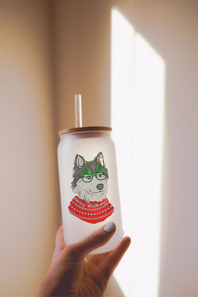 16, 20, or 25 oz Siberian Husky Christmas Dog Frosted Beer Can Cup
