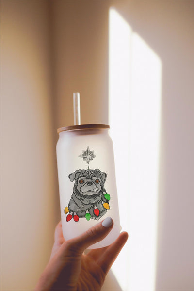 16, 20, or 25 oz Black or Brown Pug Festive Christmas Dog Frosted Beer Can Cup