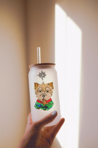 16, 20, or 25 oz Yorkie Yorkshire Terrier Festive Christmas Dog Frosted Beer Can Cup