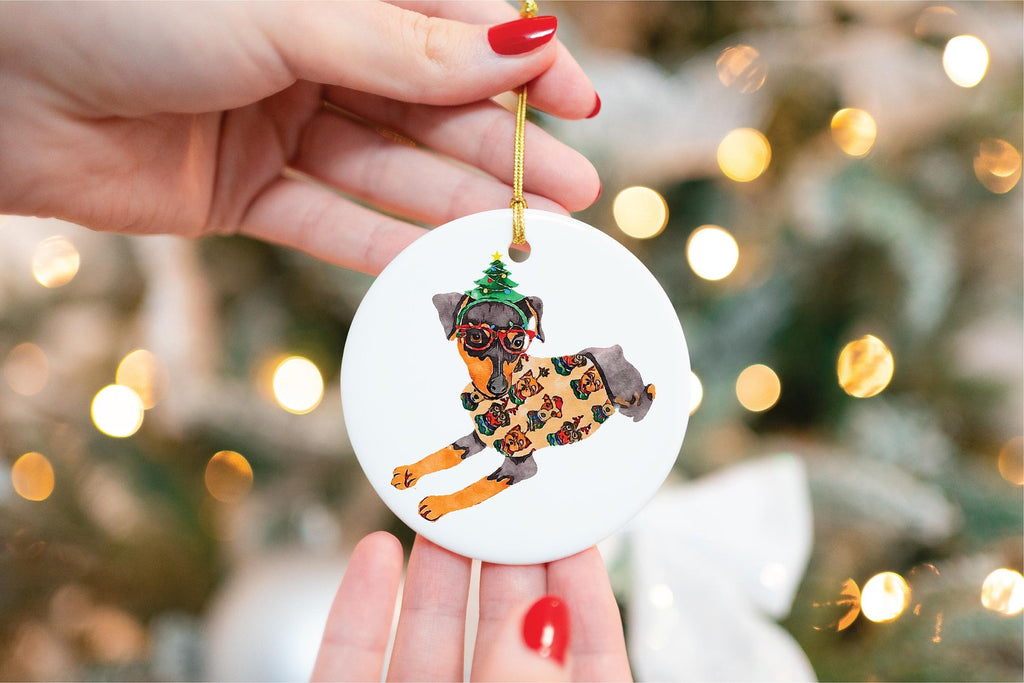 Custom Single or Set of Min Pin Miniature Pinscher Festive Ceramic Christmas Ornaments