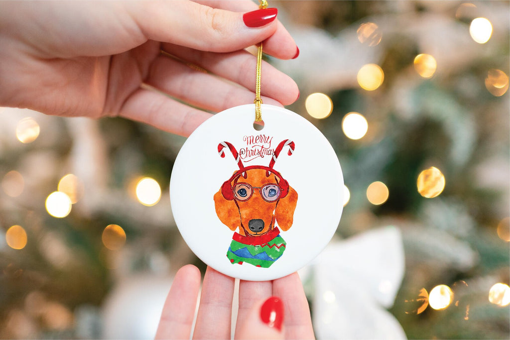 Custom Single or Set of Dachshund Doxie Festive Ceramic Christmas Ornaments