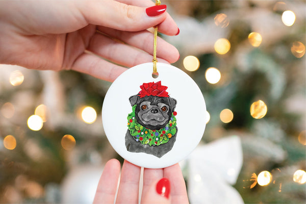 Custom Single or Set of Black or Brown Pug Festive Ceramic Christmas Ornaments