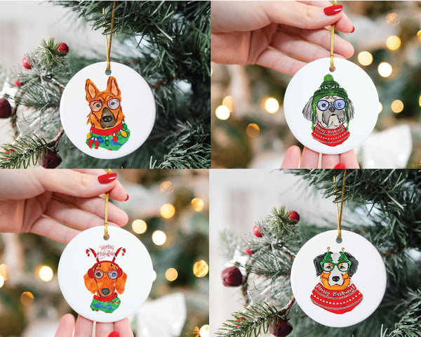 Custom Single or Set of Ceramic Festive Christmas Ornaments Pick Your Breeds - German Shepherd, Dachshund, Shih Tzu, Australian Shepherd Aussie
