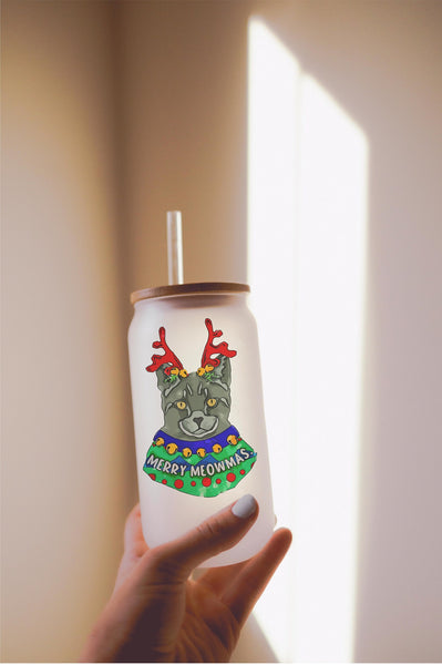 16, 20, or 25 oz Taupe, Grey, Black, or Orange Cat Festive Christmas Frosted Beer Can Cup