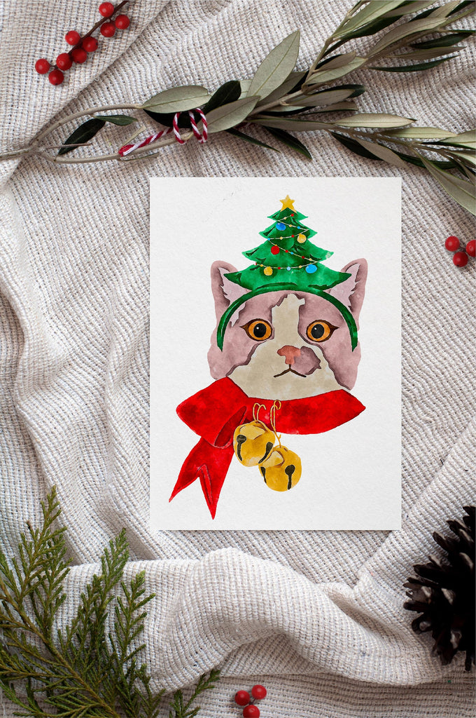 Black, Multi, Taupe, or Orange Cat Single Card or Notecard Set Festive Christmas Dog Notecards