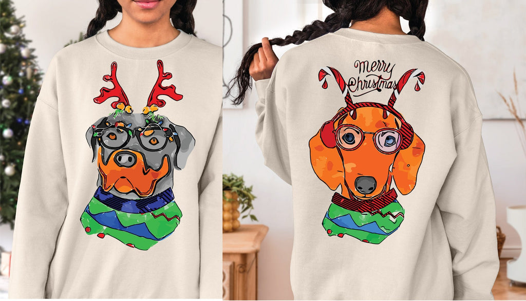 Front/Back Pick Your Christmas Dog/Cat Breed/s Crewneck Festive Sweatshirt or Hoodie - Rottweiler Rottie Rotty & Dachshund Doxie