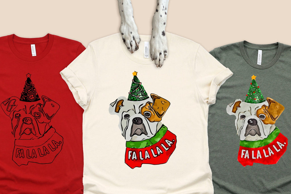 English Bulldog Fa La La. Long Sleeve or Short Sleeve Unisex Christmas T-Shirt