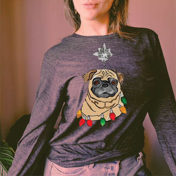 Black or Brown Pug Star Long Sleeve or Short Sleeve Unisex Christmas T-Shirt
