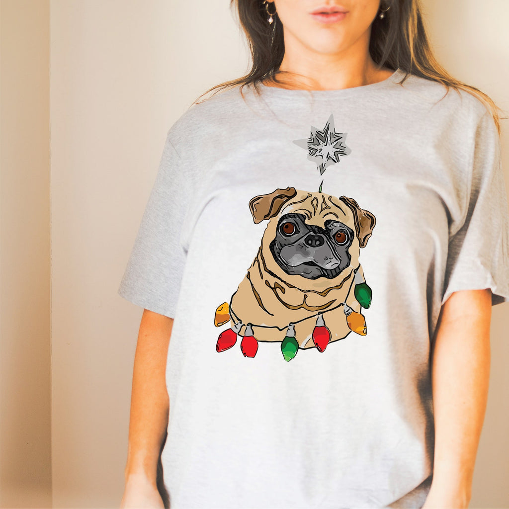Black or Brown Pug Star Long Sleeve or Short Sleeve Unisex Christmas T-Shirt
