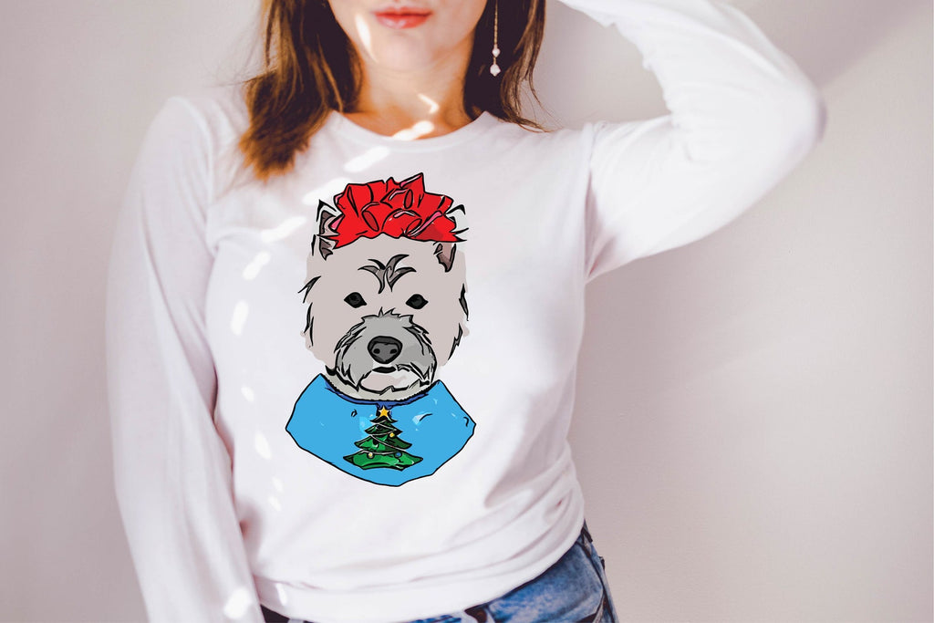 Westie West Highland Terrier Bow Long Sleeve or Short Sleeve Unisex Christmas T-Shirt