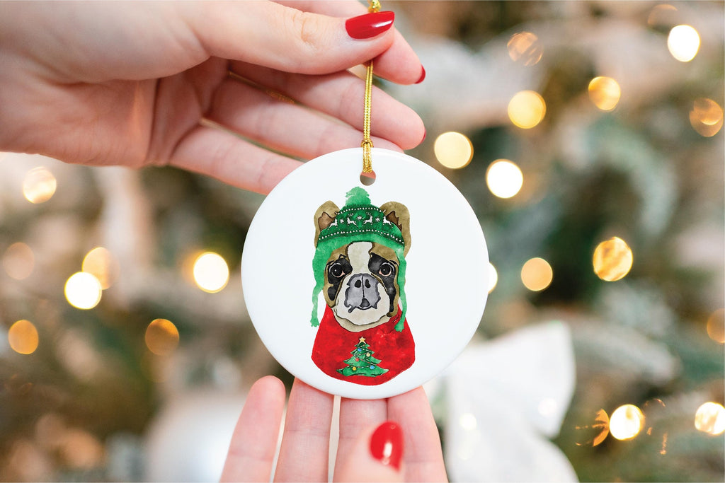 Custom Single or Set of Frenchie French Festive Bulldog Ceramic Christmas Ornaments