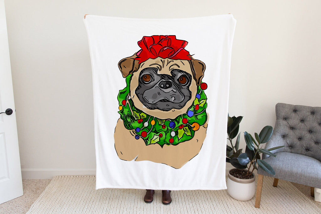 Christmas Black or Brown Pug Fleece Blanket or Woven Throw Christmas Blanket
