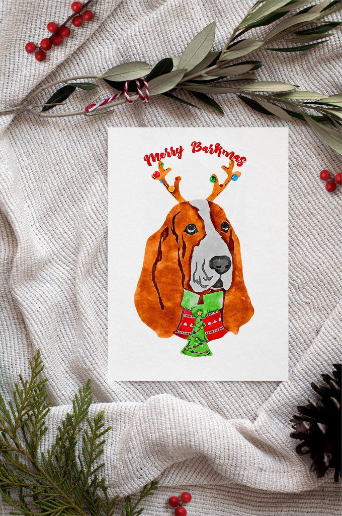 Basset Hound Single Card or Notecard Set Christmas Dog Notecards