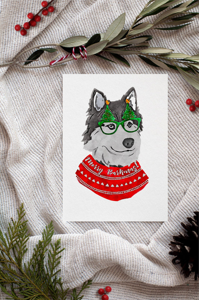 Husky Single Card or Notecard Set Festive Christmas Dog Notecards