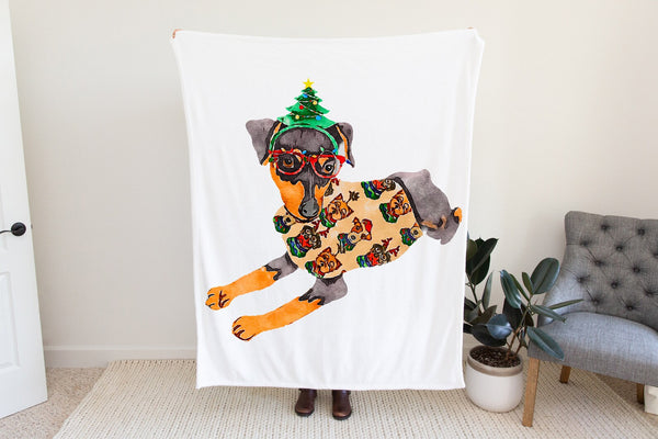 Miniature Pinscher Min Pin Festive Fleece Blanket or Woven Throw Christmas Blanket