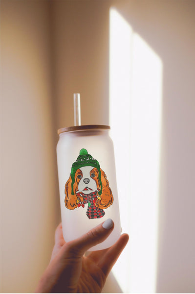 16, 20, or 25 oz Cavalier King Charles Spaniel Festive CKCS Christmas Dog Frosted Beer Can Cup