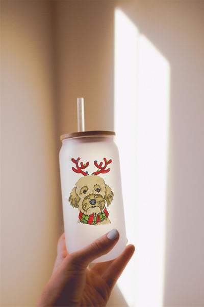 16, 20, or 25 oz Golden, Brown, or Black Doodle Festive Christmas Dog Frosted Beer Can Cup
