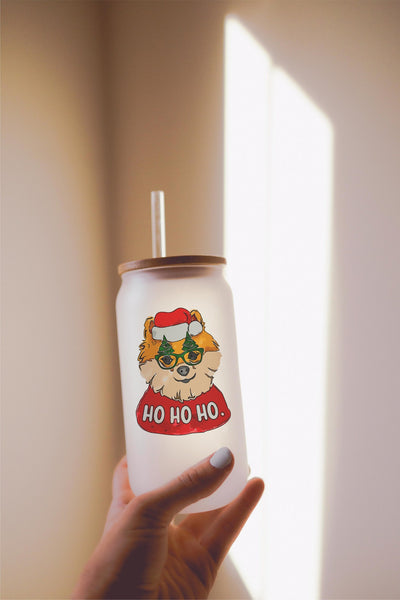 16, 20, or 25 oz Pomeranian Ho Ho Ho Festive Christmas Dog Frosted Beer Can Cup