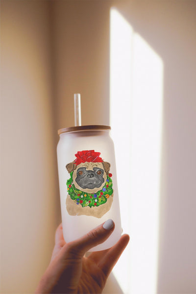 16, 20, or 25 oz Black or Brown Pug Christmas Dog Frosted Beer Can Cup