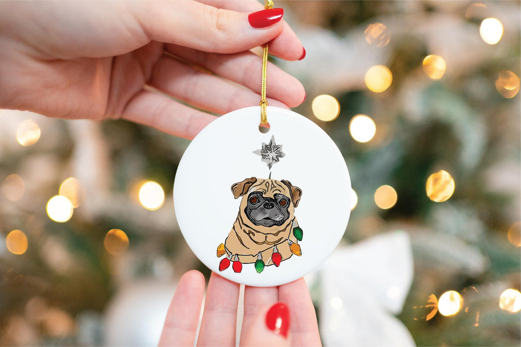 Custom Single or Set of Black or Brown Pug Festive Ceramic Christmas Ornaments