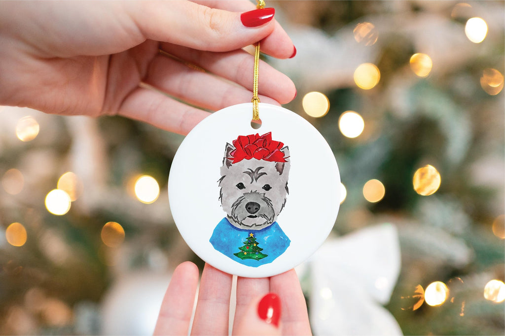 Custom Single or Set of Westie West Highland Terrier Festive Ceramic Christmas Ornaments