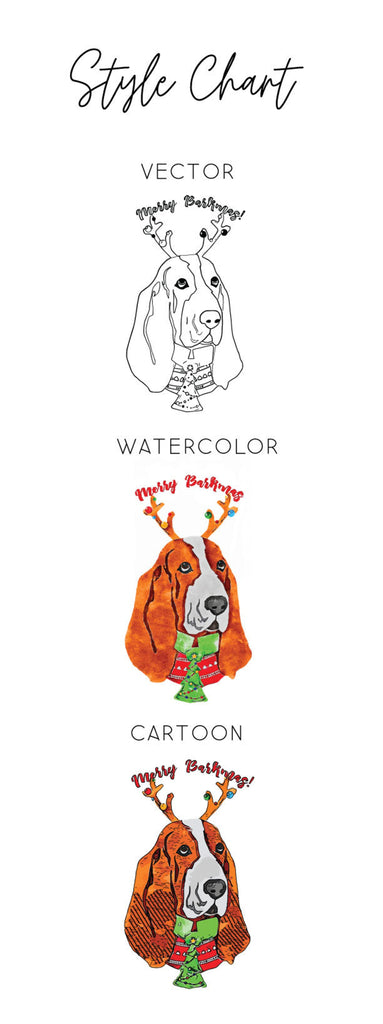 Barkley & Wagz - Style Chart for Basset Hound - Vector, Watercolor, Cartoon