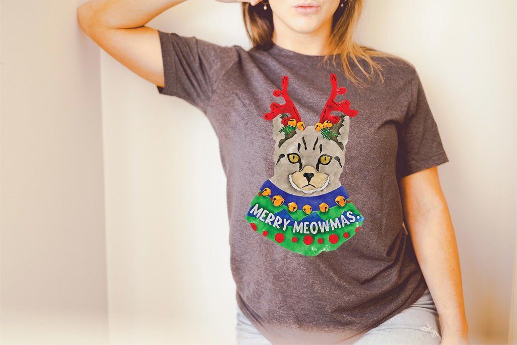 Black, Grey, Taupe, or Orange Cat Christmas Party Holiday Long Sleeve or Short Sleeve Festive Tee