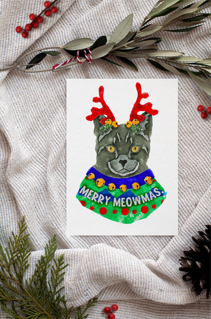 Black, Grey, Taupe, or Orange Cat Single Card or Notecard Set Festive Christmas Dog Notecards