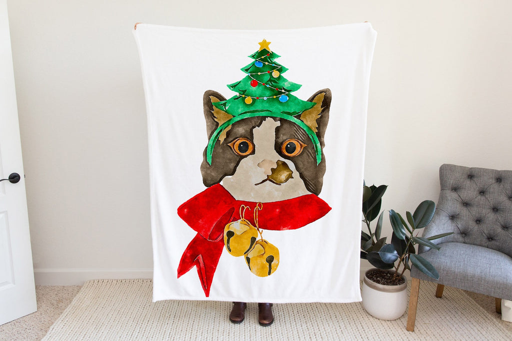 Taupe, Multi, Black, or Orange Festive Cat Fleece Blanket or Woven Throw Christmas Blanket