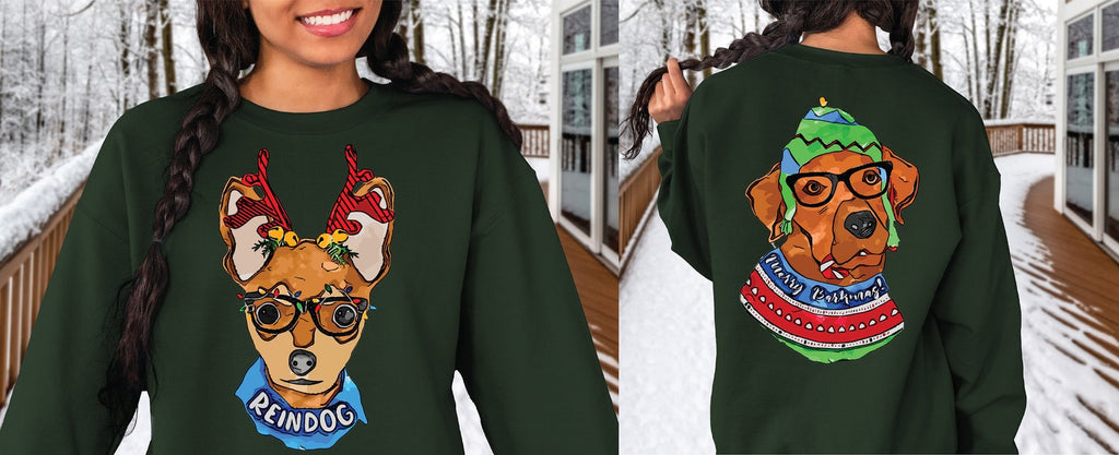 Front/Back Pick Your Christmas Dog/Cat Breed/s Crewneck Festive Sweatshirt or Hoodie - Chihuahua, Brown Lab Labrador Retriever