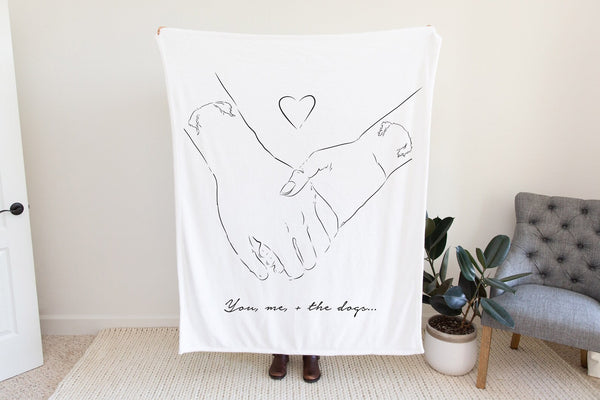 Custom Holding Hands with Dog Ears Black and White Romantic Fleece or Woven Blanket for Anniversary Engagement Valentine's Day Wedding