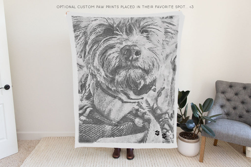 Custom Memorial Watercolor Black and White Dog Photo Woven Throw or Fleece Blanket