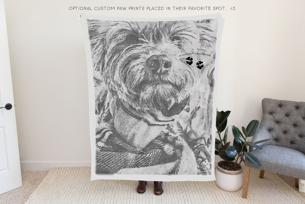 Custom Memorial Watercolor Black and White Dog Photo Woven Throw or Fleece Blanket