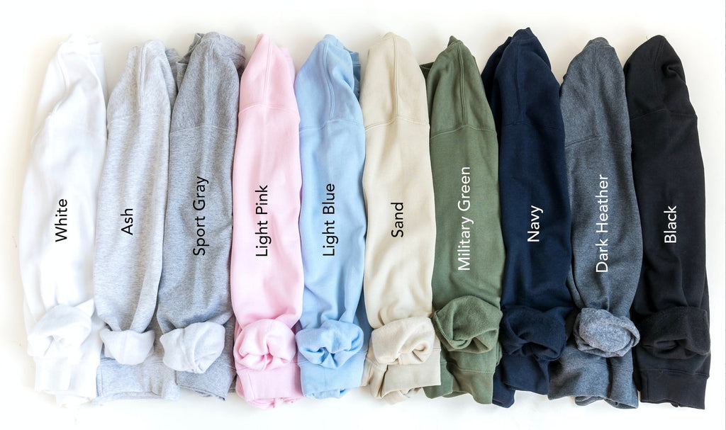 Gildan Sweatshirt Color Chart - White, Ash, Sport Gray, Light Pink, Light Blue, Sand, Military Green, Navy, Dark Heather, Black