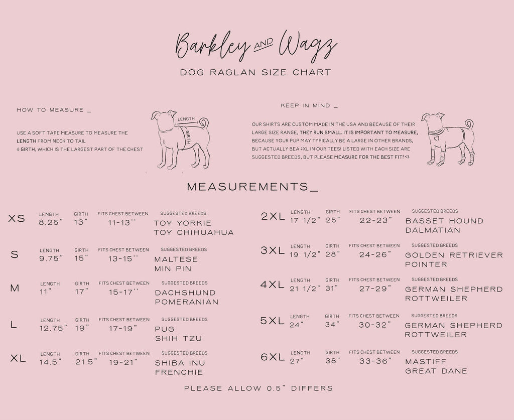 Barkley & Wagz Dog Raglan Size Chart