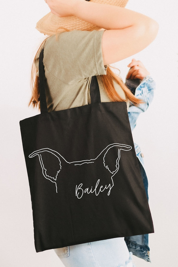 Custom Dog, Cat, or Other Pet's Ears Outline Tattoo Inspired Dog Mom Tote - Black Tote