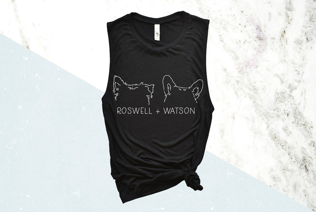 Women's Custom Multiple Dog, Cat, or Other Pet's Ears Outline Tattoo Inspired Muscle Tank in Black