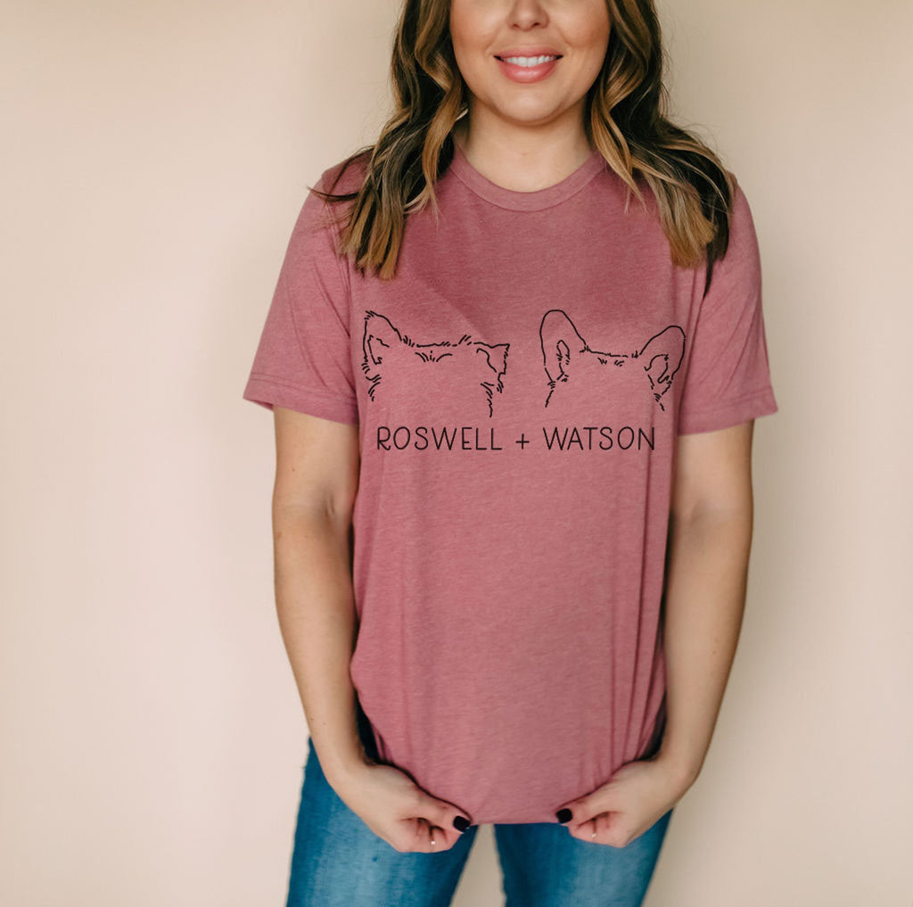 Women's Custom Multiple Dog, Cat, or Other Pet's Ears Outline Tattoo Inspired T-Shirt in Mauve